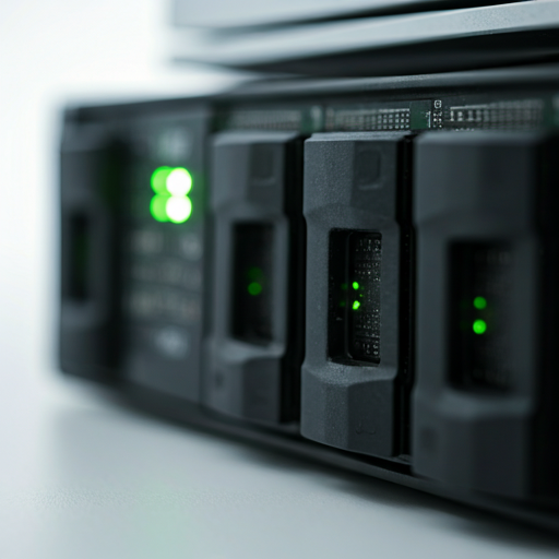 Close-up of high-end server hardware in a sterile white environment with glowing green status LEDs