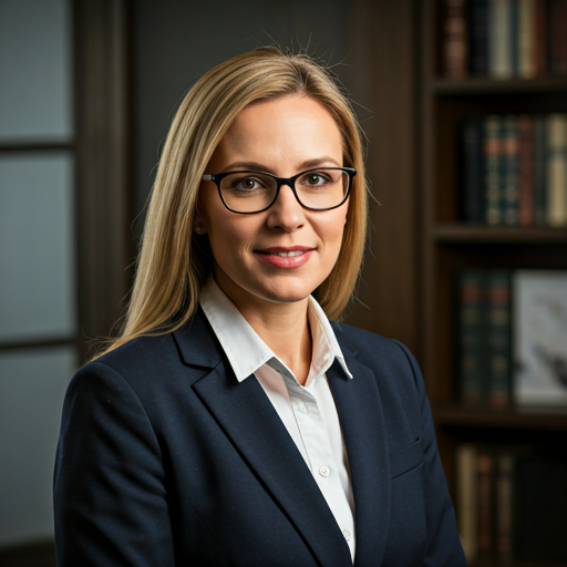 Professional portrait of a female legal expert with glasses in a minimalist office setting