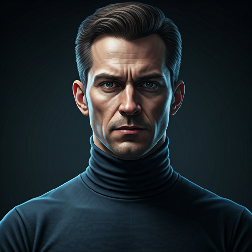 Professional portrait of a cybersecurity operative in a dark turtleneck looking focused